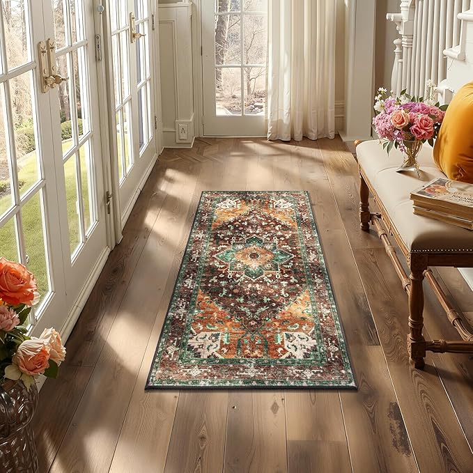 Yamaziot Washable Runner Rug, 2x4 Non-Slip Boho Vintage Hallway Rug Runner with Rubber Backing, Stain Resistant Distressed Carpet Runner for Bedroom, Kitchen, Laundry, Entrance