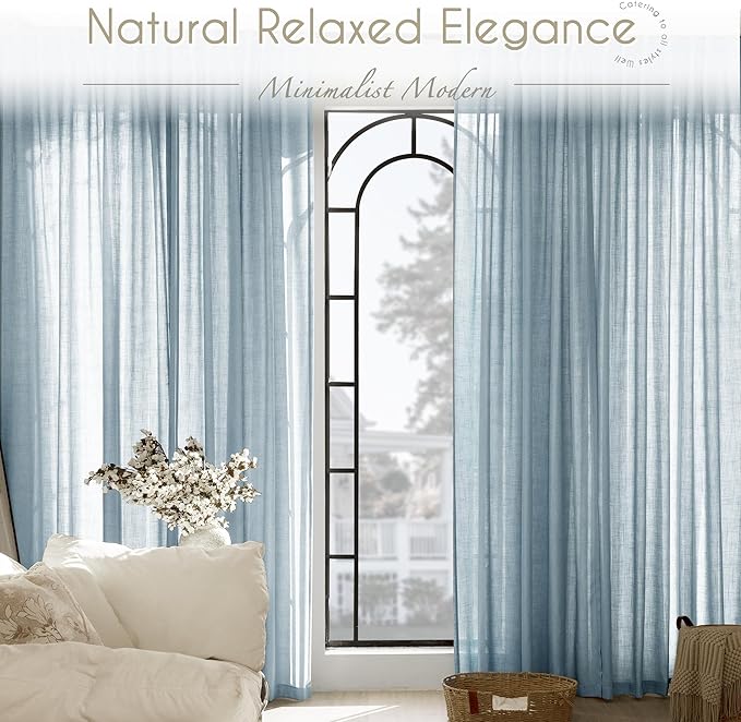 Dusty Blue Linen Curtains for Living Room Back Tab Light Filtering Semi Sheer Light Blue Bedroom Curtains Linen Cotton Textured Grey Blue Drapery Panel Airy Modern Farmhouse Aesthetic Decor 52x96 Long