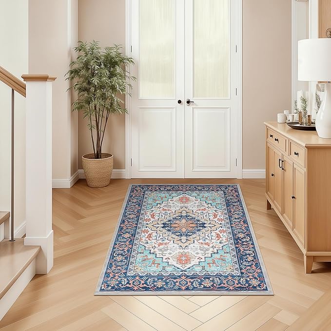 Lofus 3x5 Area Rugs for Living Room, Machine Washable Area Rug, Soft Small Rugs for Bedroom, Kitchen, Office and Indoor, Vintage Boho Carpet, Non-Slip Low Pile Carpets, Floral Blue