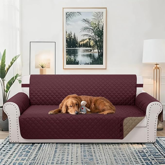Reversible Sofa Covers Couch Cover Furniture Protector for Dogs Elastic Straps Water Resistant(Sofa,Burgundy/Camel)