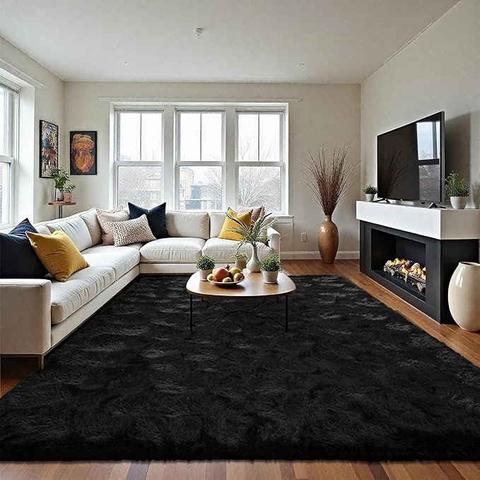 LOCHAS Ultra Soft Indoor Modern Area Rugs Fluffy Living Room Carpets for Children Bedroom Home Decor Nursery Rug 6x9 Feet, Black