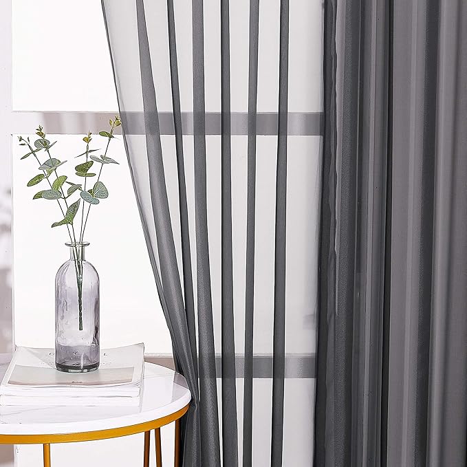 NICETOWN Living Room Sheer Curtains 108 inch Long, Eyelet Top Voile Textured Hazy Sheer Draperies Privacy with Light Penetration for Villa, W54 by L108 inches, 2 Panels, Black