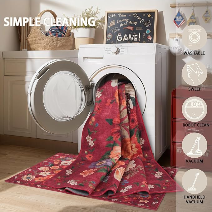 Area Rugs 9x12 Living Room Washable Rug Non Slip Floral Low Pile Large Rug for Living Room, Bedroom, Farmhouse, Dining Room, Kids Playroom(9 x 12, Red Garden)