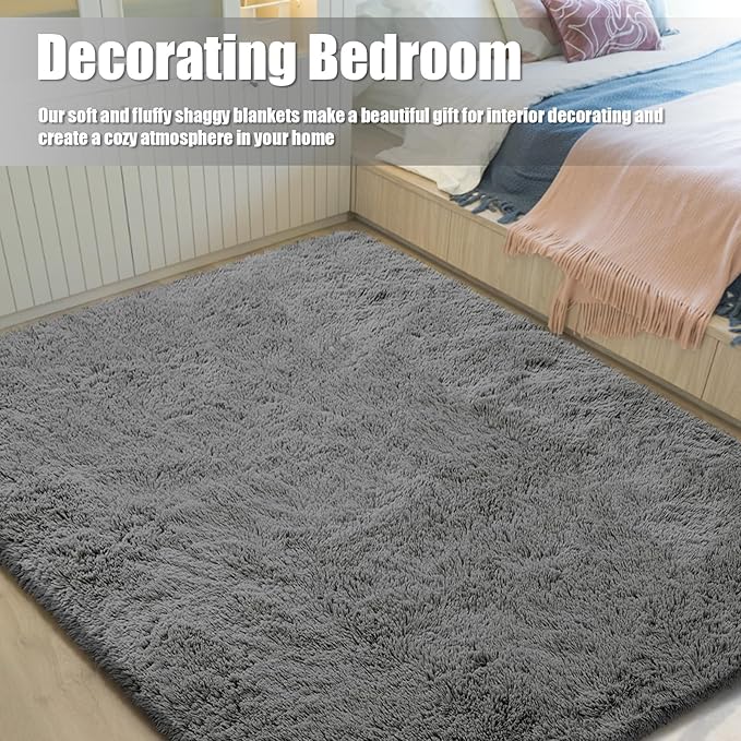 Ultra Soft Fluffy Area Rugs for Bedroom Living Room 10x12, Nursery Rug, Non-Slip Carpet for Kids Dorms Decor, Shaggy Bedside Rug, Deep Grey