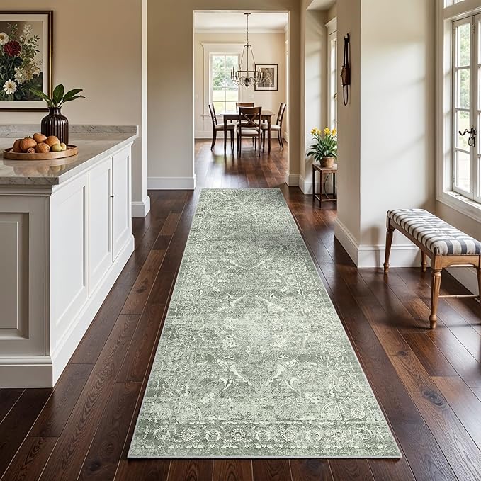Washable 3x12 Runner Rug - Non-Slip Vintage Runner Rug for Entryway Low-Pile Medallion Long Rugs for Hallway Waterproof Traditional Runner Rugs Indoor Thin Rug for Kitchen (Muted Sage Green)