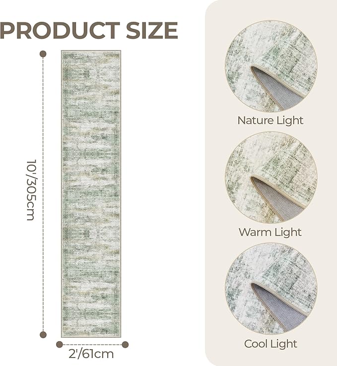 Long Rugs Runner - Washable Runner Rugs for Hallway 2x10, Ultra-Thin Soft Kitchen Carpet Runner, Anti Slip Backing Runner Rugs for Entrance, Bedroom, Living Room(2'x10', Green/Yellow/Ivory)