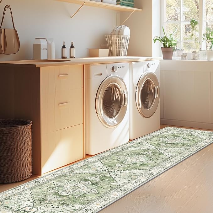 Yamaziot Washable Runner Rug, 2x8 Non-Slip Boho Vintage Hallway Rug Runner with Rubber Backing, Stain Resistant & Low Pile Faux Wool Distressed Carpet Runner for Kitchen, Laundry, Entrance, Sage Green