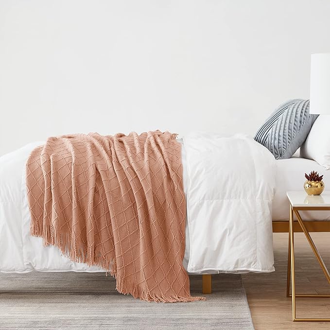 BOURINA Orange Throw Blanket 50 x90 Inches Throw Textured Solid Soft Sofa Throw Bed Runner Couch Cover Knitted Decorative Blanket Bed Runner