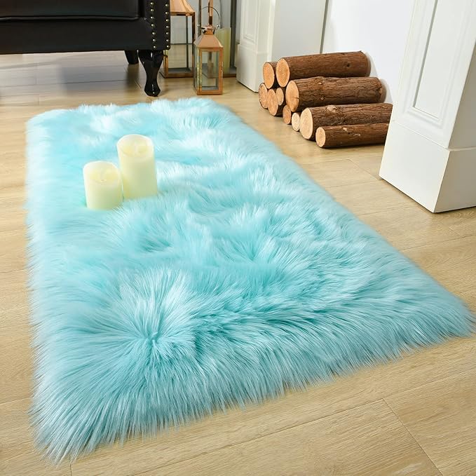 LOCHAS Soft Fluffy Faux Fur Rugs for Bedroom Bedside Rug 2x4 Feet, Washable, Furry Sheepskin Area Rug for Living Room Girls Room, Luxury Shag Carpet Home Decor, Blue