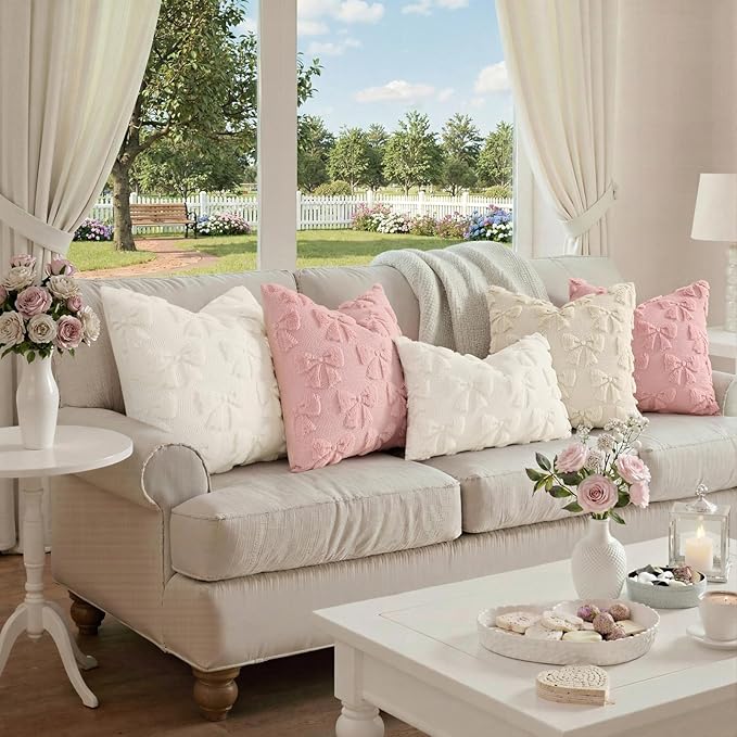 decorUhome Cream White Bow Pillow Covers Set of 2 Coquette Aesthetic Cute Preppy Plush Faux Pillowcases for Girly Bedroom or Couch 20x20 Inch