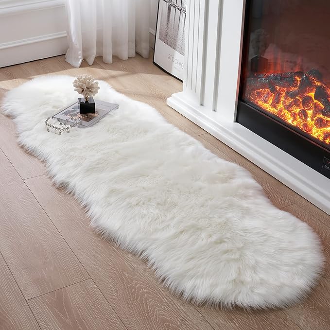 Faux Fur Rug for Bedroom, Fluffy Runner Rugs Soft Sheepskin Rug Sofa Couch Seat Cushion, 2x6ft White Plush Area Rug Shag Rugs Floor Carpets for Nursery Bedside, Cute Shaggy Fuzzy Home Decor