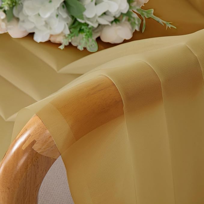 OVZME Gold Sheer Curtains 90 Inches Long 2 Panels - Soft Light Filtering Window Sheer Panels for Living Room/Bedroom, Top Dual Rod Pocket, 1 Pair, Each 42Wx90L Inches