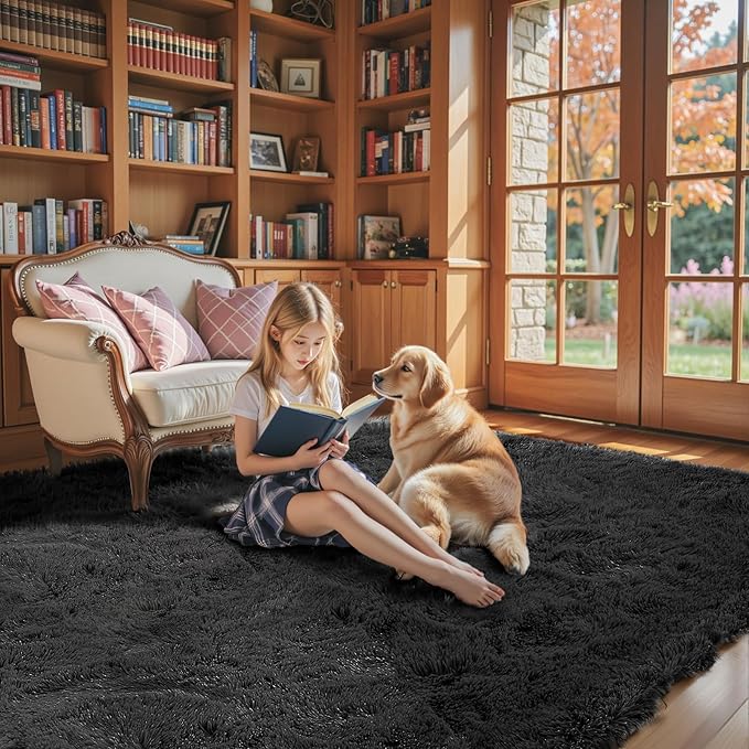 Rugs for Living Room 5x8, Alfombras para Salas Shag Large Plush Soft Area Rug, Shaggy Carpets for Bedroom, Kids Boys Girls Home Decor Aesthetic(Black, 5 x 8 Feet)
