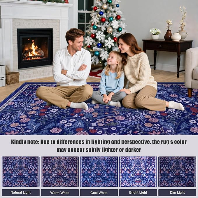 Round Area Rug for Living Room: 6 ft Floral Washable Circle Rug Soft Boho Non-Slip Carpet Indoor Stain Resistant Low Pile Small Circular Rug for Bedroom Entryway Kitchen Nursery Home Office Blue