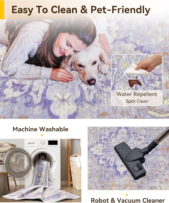 Area Rugs 2'x6' Runner Rug Non Slip Washable for Kitchen Hallway Bedroom Beside Laundry Room Bathroom Rug, Floor Carpet, Light Purple Brown