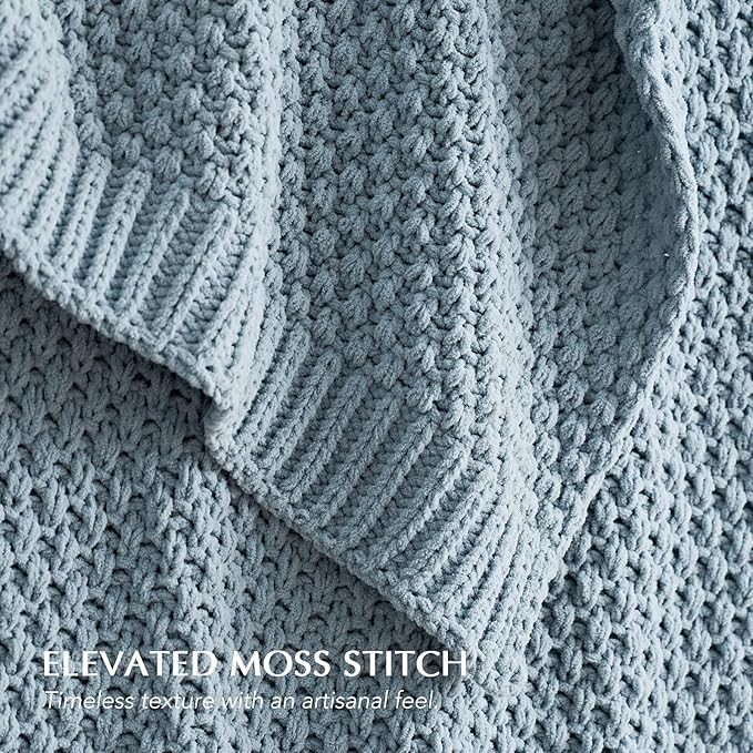 EVERGRACEHOME Chunky Chenille Knit Throw Blanket for Couch, Soft Luxurious Moss Stitch Blankets for Bed, Cozy Decorative Farmhouse Knitted Throws for Sofa, Chambray Blue, 50" x 60"