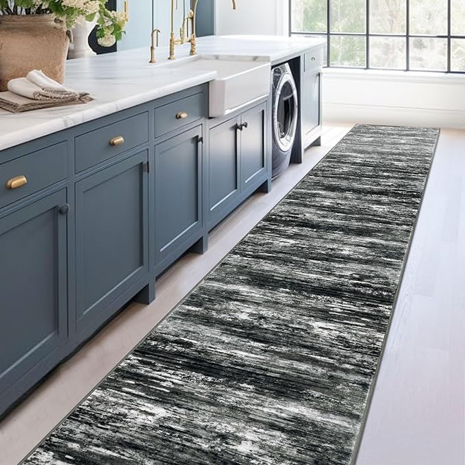 KOZYFLY Modern Abstract Washable Runner Rug 2.6x18 Hallway Runners Non-Slip Soft Kitchen Rugs, Black Grey Striped 18 Foot Carpet Runner for Stair Entryway Laundry Room Foyer