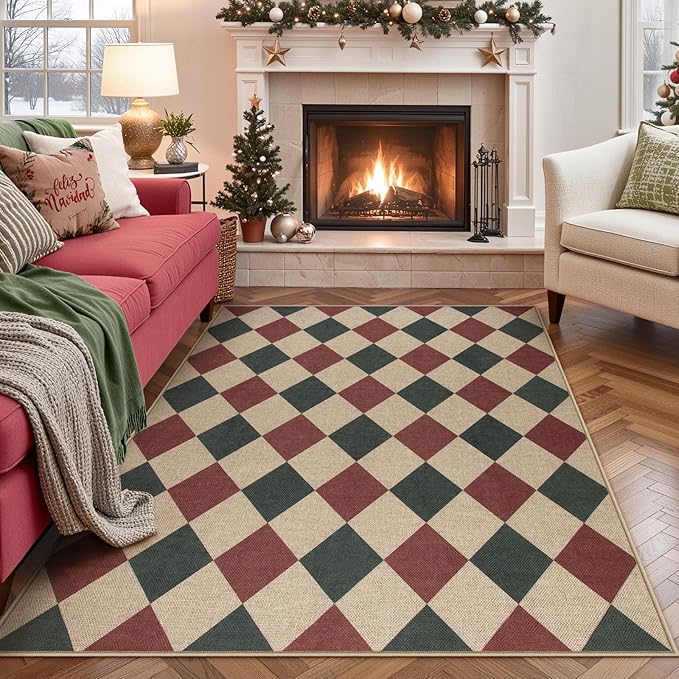Lahome Christmas Rug, 5x7 Christmas Decor Rugs for Living Dining Room Non Shedding Washable Carpet, Checkered Red and Green Non Slip Stain Resistant Indoor Carpet for Patio Office Xmas Holiday Decor