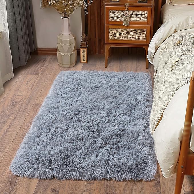 Soft Runner Rugs for Bedroom Hallways, 2 Packs 2x3 Grey Fluffy Shag Throw Area Rug Non Slip for Bedside Dorm, Long Shaggy Furry Carpet for Nursery Living Room