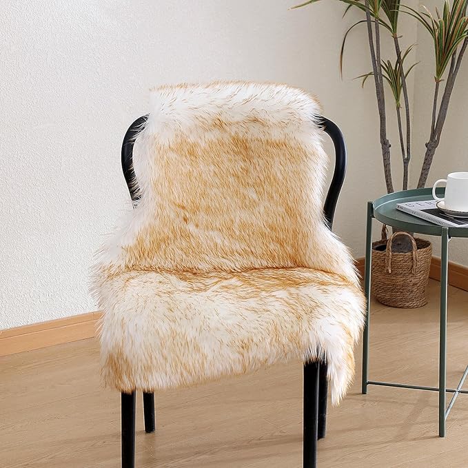 linmopm Faux Fur Rug Sheepskin Shag Fluffy Fuzzy 2x3 ft Small Rugs for Bedroom Bedside Bed Floor Living Room Plush High-Density Cushion Carpet Super Sofa Cover White and Yellow