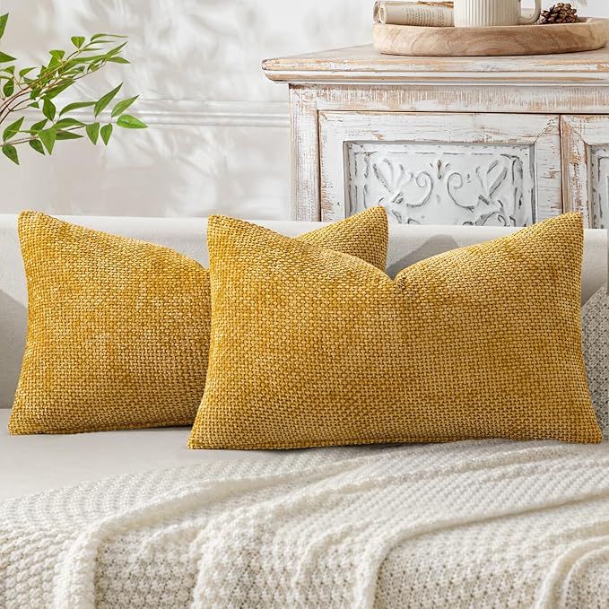 MIULEE Pack of 2 Lumbar Couch Throw Pillow Covers 20x12 Inch Neutral Gold Modern Boho Accent Decorative Pillow Covers Soft Chenille Farmhouse Cushion Covers for Home Decor Bed Sofa Living Room