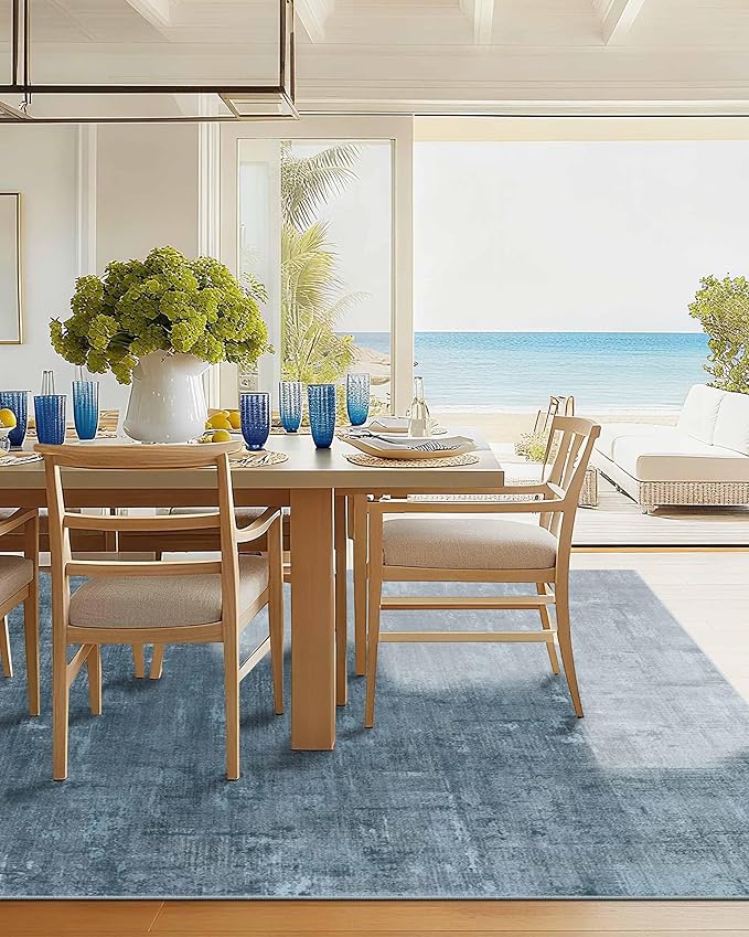 Latte&Fog 8x10 Area Rugs for Living Room, Large Blue Modern Abstract Washable Rug, Boho Non Slip Low Pile Carpet for Indoor Bedroom Dining Room, Office, Dorm, Classroom, Farmhouse and Kids Room - Blue