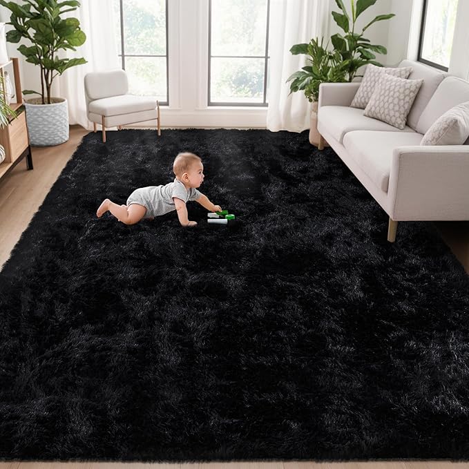 5x7 Area Rug for Living Room: Fluffy Shag Soft Washable Rugs Fuzzy Plush Indoor Carpet for Bedroom Nursery Playroom Dorm Kids Girls Boys Room (Black, 5'x7')