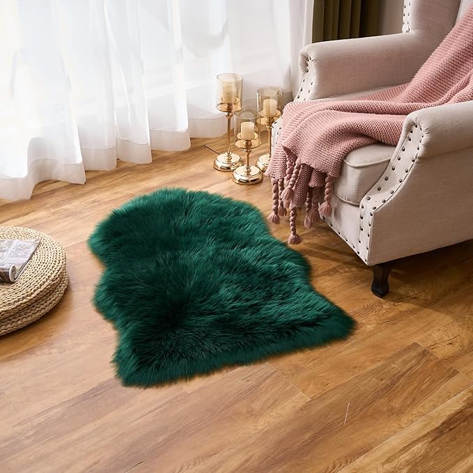 EasyJoy Ultra Soft Fluffy Shaggy Area Rug Faux Fur Rug Chair Cover Seat Pad Fuzzy Area Rug for Bedroom Floor Sofa Living Room (2 x 3 ft Sheepskin, Dark Green)
