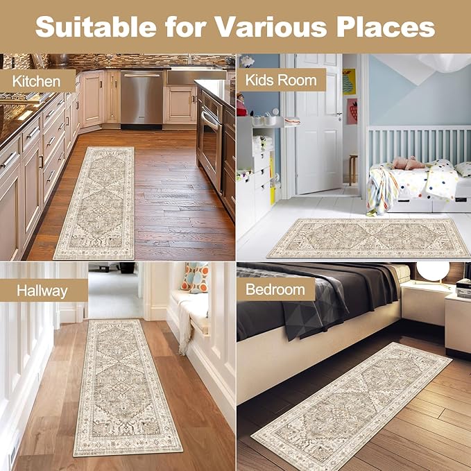 Yamaziot Washable Runner Rug, 2x5 Non-Slip Boho Vintage Hallway Rug Runner with Rubber Backing, Stain Resistant Faux Wool Distressed Carpet Runner for Kitchen, Laundry, Entrance, Beige Brown