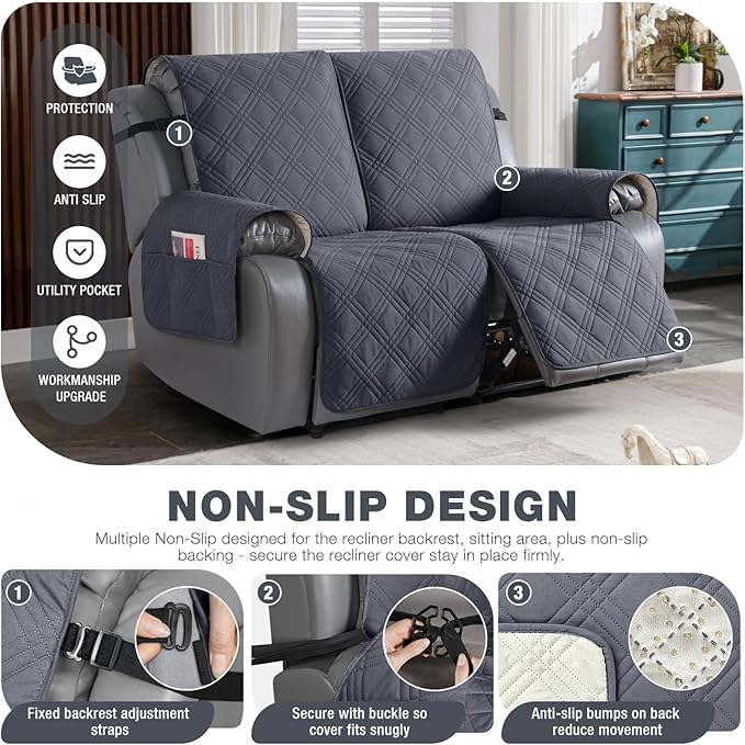 TAOCOCO 100% Waterproof Recliner Loveseat Covers 2 Seater, Split Loveseat Covers for Reclining loveseat, Non Slip Reclining Couch Cover with Double Straps for Kids, Pets(2 Seater, Dark Grey)