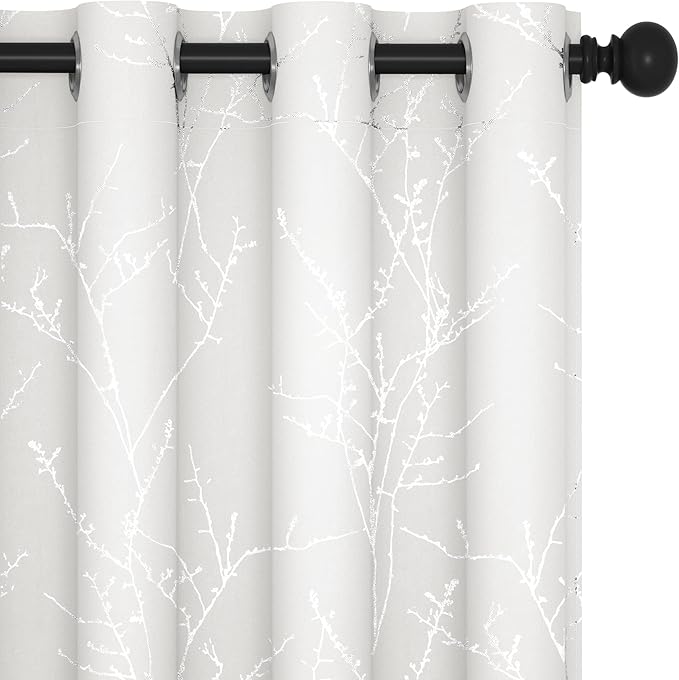 Deconovo Bedroom Curtains, Room Darkening Drapes, Thermal Insulated Soundproof Panel, Silver Tree Print, 52 x 84 Inch, Machine Washable Window Panels for Living Room Officee, Set of 2, Pure White