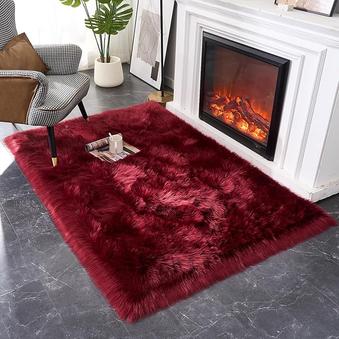 EasyJoy Ultra Soft Fluffy Shaggy Area Rug Faux Fur Rug Chair Cover Seat Pad Fuzzy Area Rug for Bedroom Floor Sofa Living Room (4 x 6 ft Rectangle, Burgundy)
