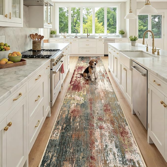 Washable Area Rugs 2'6'' x14 Non-Slip Modern Abstract Soft for Living Room Entryway Bedroom Nursery, Print Pattern, Brown Rust Red Green Blue Multi