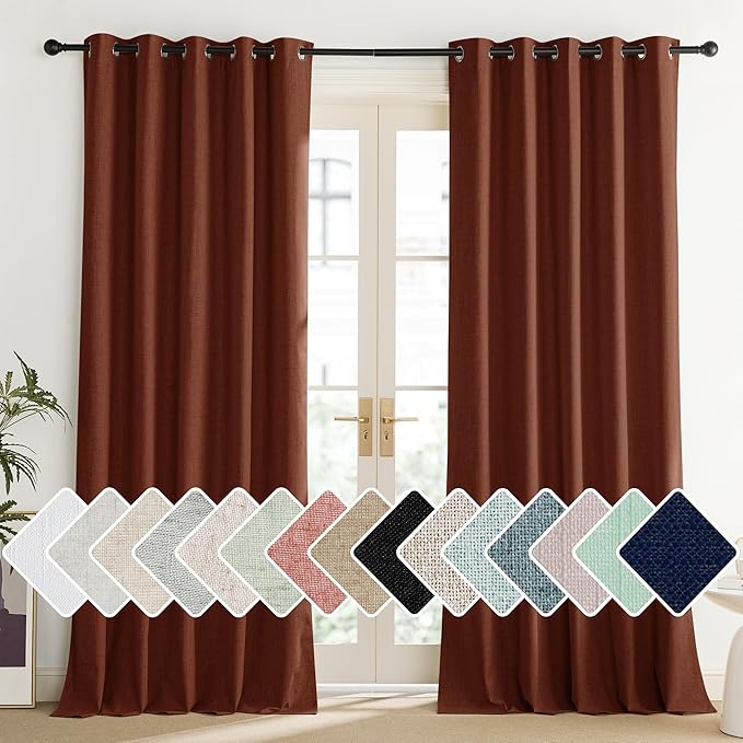 NICETOWN 100% Absolutely Blackout Linen Curtains with Thermal Insulated Liner, 62" Wide, 2 Panels, 102" Long Drapes, Grommet Retro Burnt Orange Linen Curtains Vertical Drapes Privacy for Bedroom
