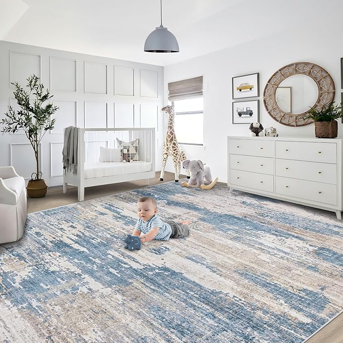 9x12 Area Rug for Living Room, Washable Modern Abstract Large Area Rug Neutral Soft Non Slip Kids Rug Stain Resistant Indoor Carpet for Bedroom Dining Room Playroom Office(BlueBeige, 9'x12')