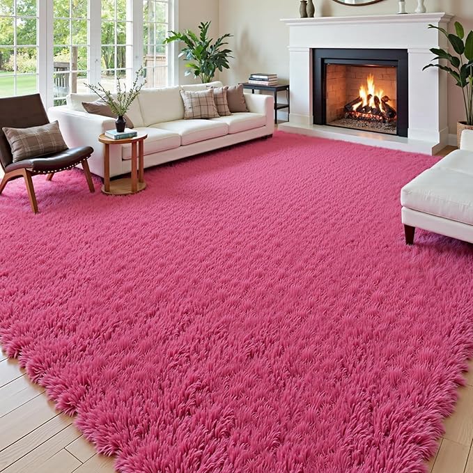 Area Rugs 9x12 Living Room, Shaggy Carpet Soft Plush Furry Bedside Rug Large Area Rugs for Bedroom Kids Girls Boys Home Decor Anti Slip(9 x 12, Hot Pink)