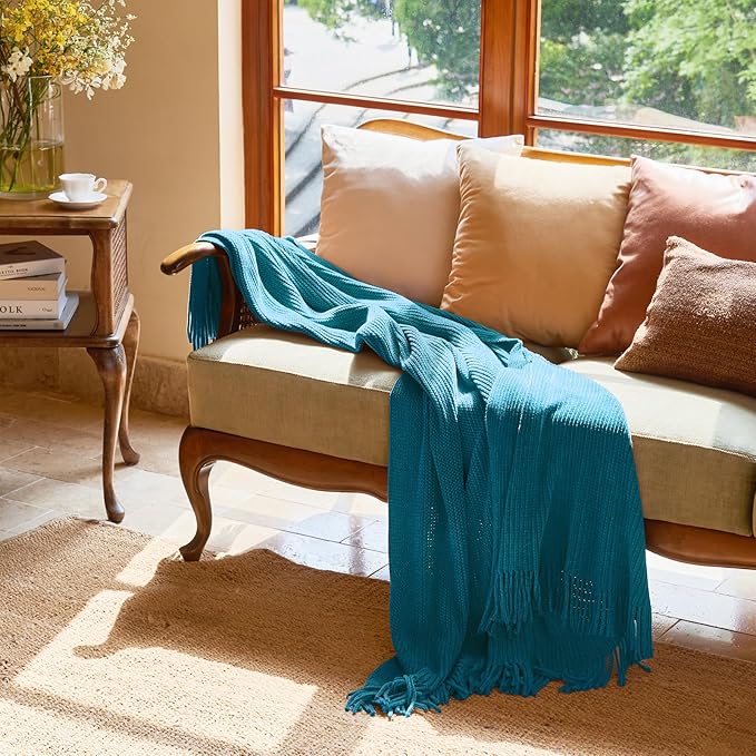 lifein Chenille Throw Blanket 60x80 - Soft Boho Knitted Blanket for Couch Cozy Farmhouse Decor Bed Throw, Lightweight All Season Teal Blanket, Decorative for Living Room Bedroom Spring Decor