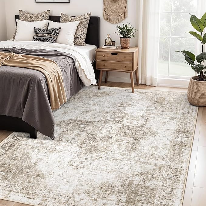Area Rug 5x7 Washable Rug, Vintage Boho Medallion Rugs Non-Slip Soft Low Pile Large Distressed Rug Indoor Retro Carpet for Living Room Bedroom Dining Room Home Office (Taupe, 5'x7')
