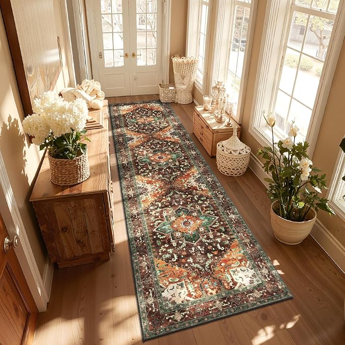 Yamaziot Washable Runner Rug, 3x12 Non-Slip Boho Vintage Hallway Rug Runner with Rubber Backing, Stain Resistant Low Pile Distressed Carpet Runner for Bedroom, Kitchen, Laundry, Entrance