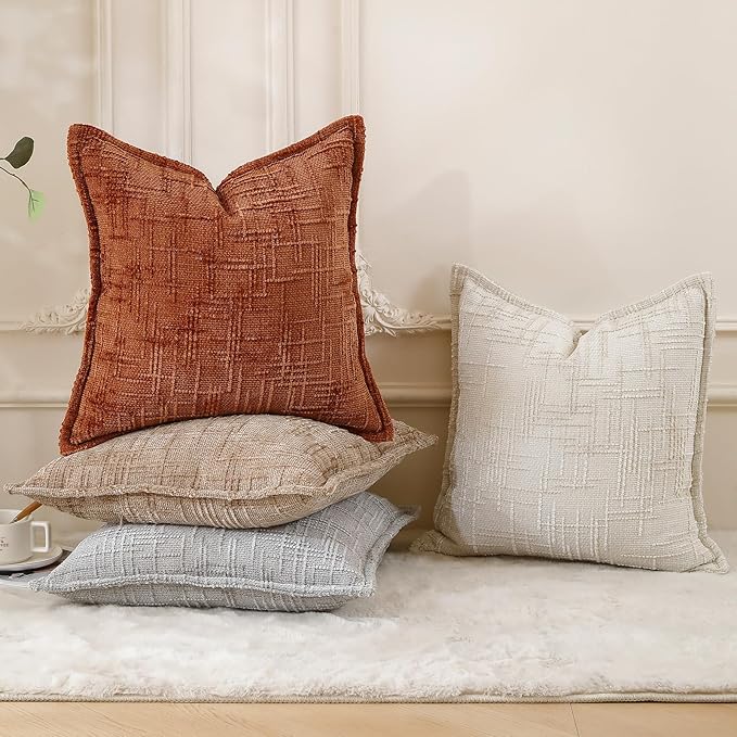 HPUK Fall Chenille Soft Throw Pillow Covers 18x18 Set of 2, Accent Cushion Covers for Living Room, Bedroom, Decorative Solid Color Pillow Covers for Couch, Sofa, Chair, Light Brown
