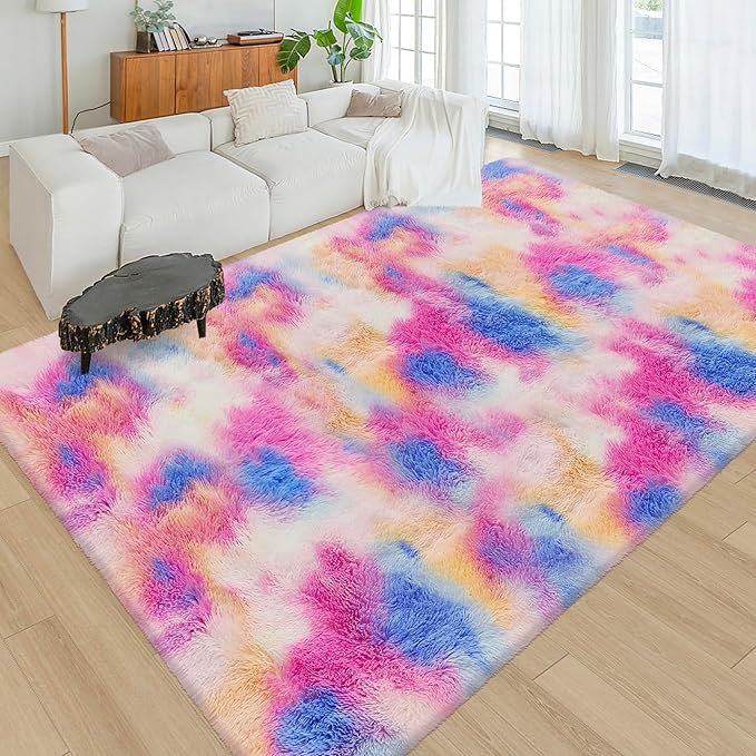 Fluffy Rainbow Colorful Rug for Living Room 6x9 Kawaii Rainbow Tie Dye Area Rug Fuzzy Indoor Floor Unicorn Rug for Bedroom Girls Kids Nursery Baby Princess Room Dorm Home Decor Aesthetic Carpets
