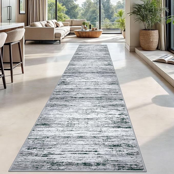 Lansny Modern Abstract Runner Rug 2.6x18, Black Grey White Washable Long Kitchen Runner Non-Slip Soft Hallway Rug Runner Thin Print Faux Wool Carpet for Entryway Bedroom Laundry Room Indoor Home Decor