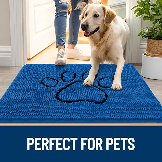OLANLY Dog Door Mat for Muddy Paws 36x24, Paw Print Design, Absorbs Moisture and Dirt, Non-Slip Washable Doormat, Quick Dry Chenille Mud Mat for Dogs, Entry Indoor Entryway Carpet, Deep Navy Blue