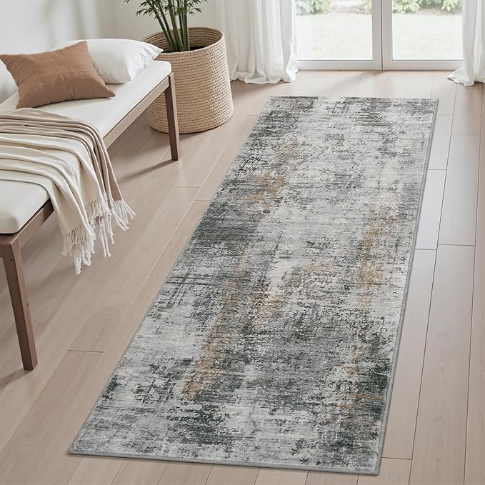 AMOAMI 2 x 8 Hallway Runner Rug Non Slip Super Soft Long Runner Rugs Machine Washable Low Pile Modern Abstract Runners for Hallways for Bedroom Laundry Room Kitchen, Grey