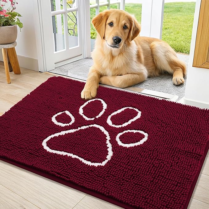 Smiry Dog Door Mat for Muddy Paws, Absorbent Dirt Trapper Non Slip Quick Dry Washable Chenille Mat for Mud Dogs, Entry Rug for Indoor and Outdoor (36x24 Inches, Burgundy and White)
