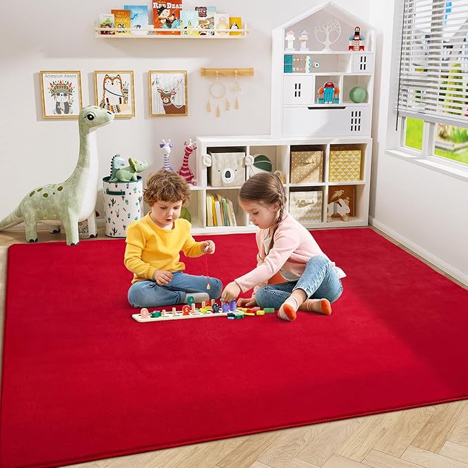 Amearea Large Modern Area Rugs for Bedroom Living Room, 5x8 Feet Red Thickened Memory Foam Rug, Fluffy Indoor Washable Rugs Non Slip Minimalist Carpet for Boys Girls Dorm Nursery Room Decor