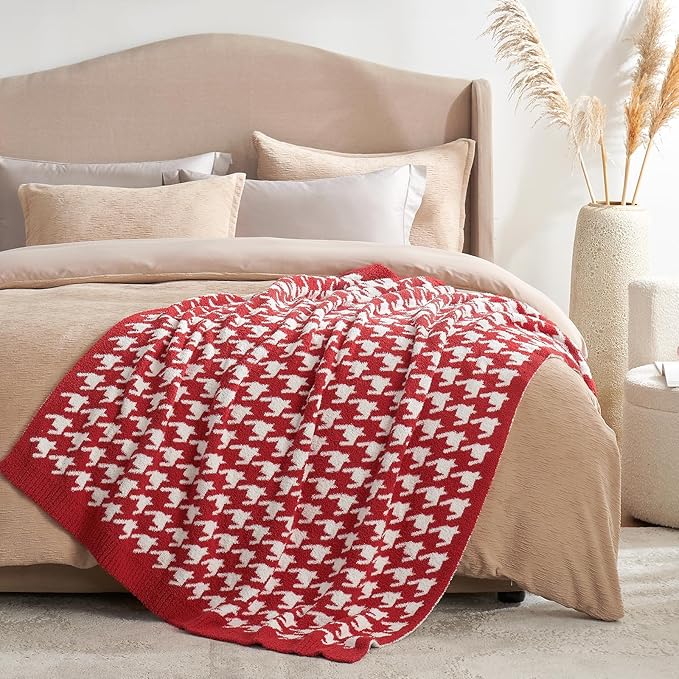 Snuggle Sac Ultra Soft Throw Blanket for Couch, Cozy Knitted Blankets, Fuzzy Knit Throws for Sofa, Bed, Home Decor, Houndstooth Red 50"x60"