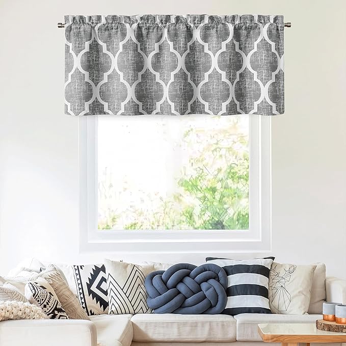 Beauoop Lattice Blackout Window Valance Curtain Panels Thermal Insulated Noise Reduction Drapes for Kitchen Cafe Living Room Quatrefoil Window Treatment Sets Rod Pocket, 50W x 18L, Gray, 1 Panel