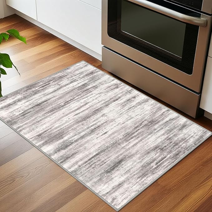KOZYFLY Modern Abstract Small Area Rugs 2x3, Washable Kitchen Rug Non-Slip Soft Small Bathroom Rug, Grey/Light Beige/Brown Striped Entryway Rugs Abstract Print Faux Wool Doormat