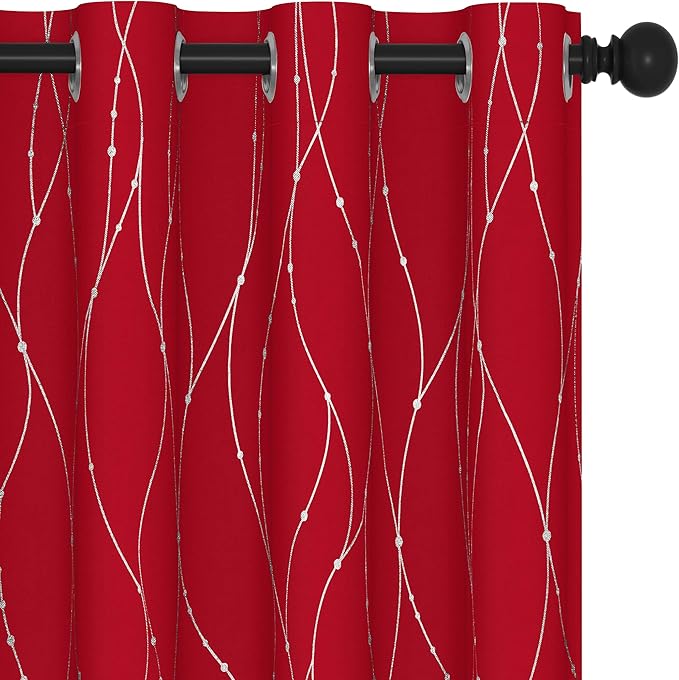 Deconovo Blackout Curtains, Christmas Red Curtain, Thermal Insulated Noise‑Reduced Drapes, Wave Line Dot Foil Print, 52 x 108 Inch Long, 2 Panels, Machine‑Washable Window Curtain for Party Living Room